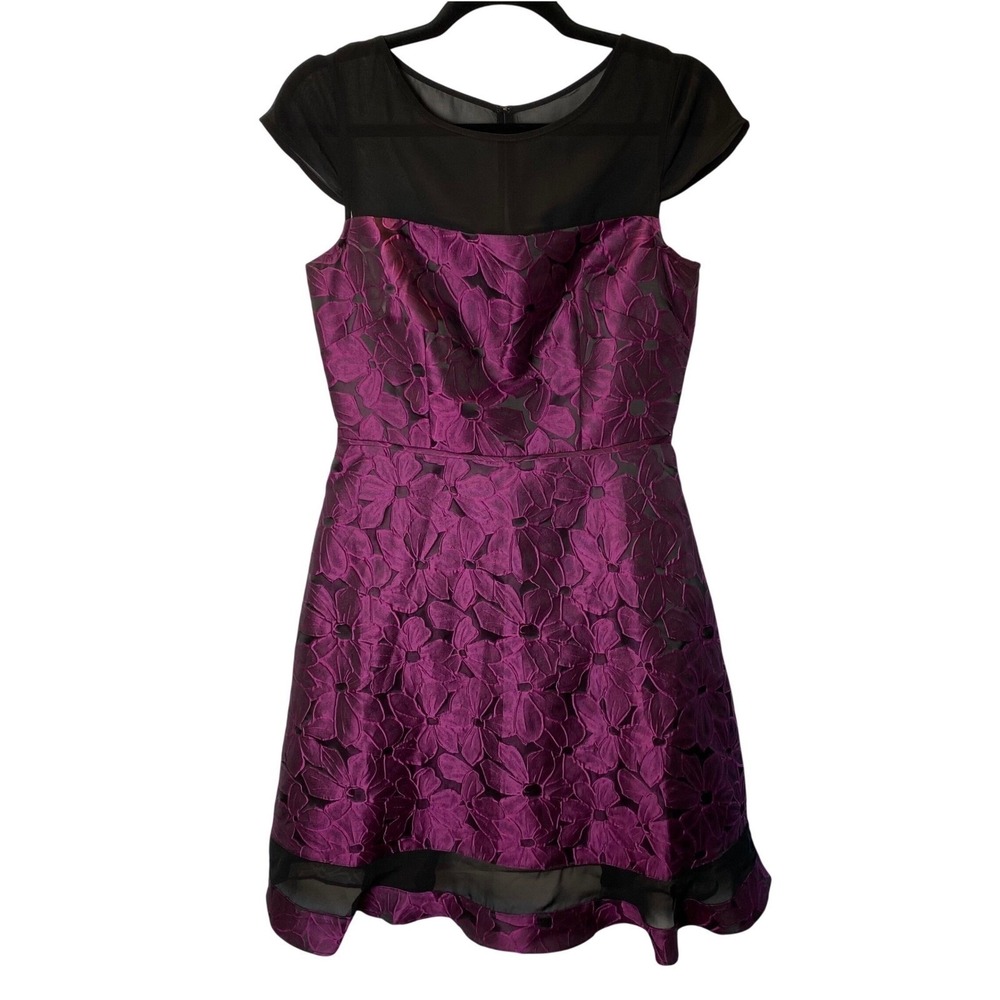 Adrianna‎ Papell Cocktail Dress Womens 8 Purple Floral Jacquard Fit Flare Formal